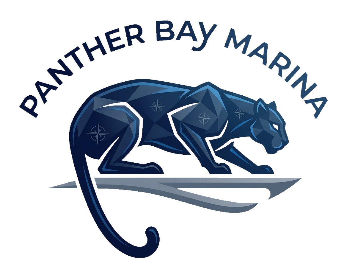 Modernized logo for Panther Bay Marina featuring a stylized, geometric navy blue panther in a prowling stance above sleek gray waves, with the business name arched in a clean sans-serif font.